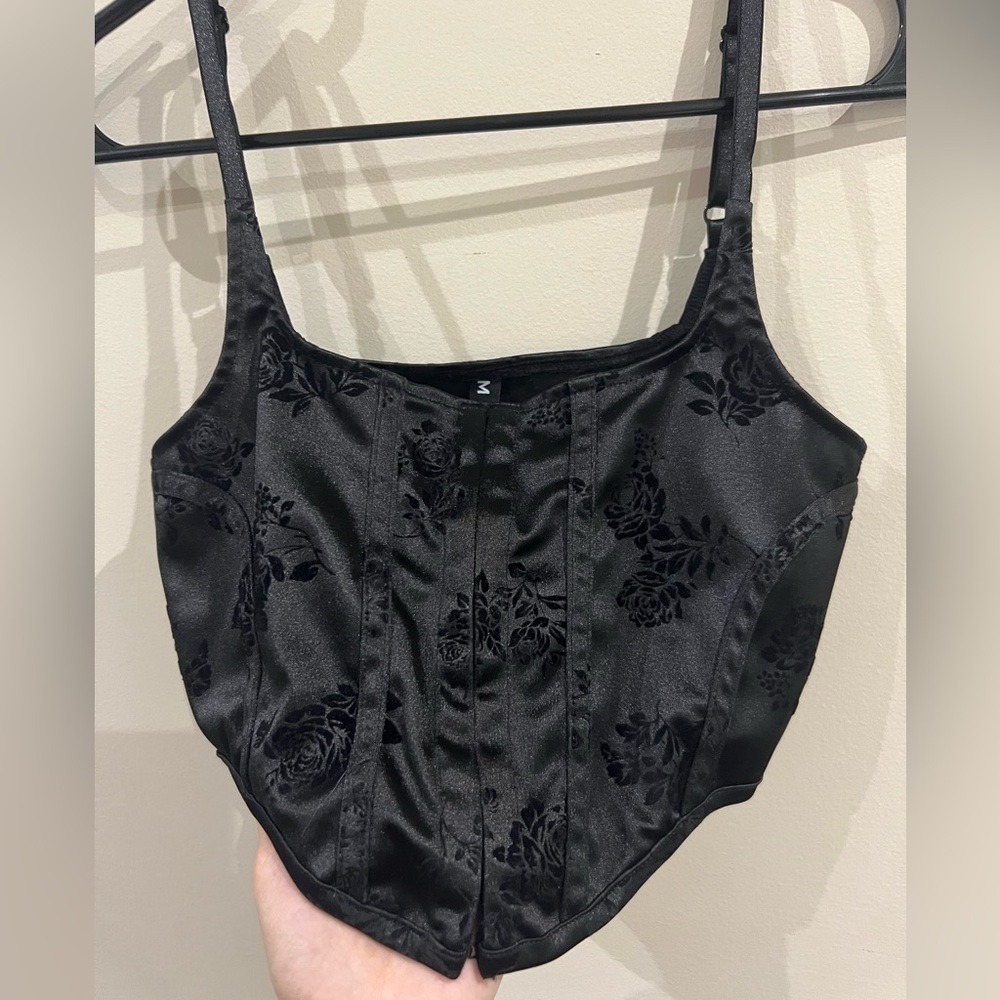 Motel Rocks Black Crop Corset Top with Velvet Floral Details